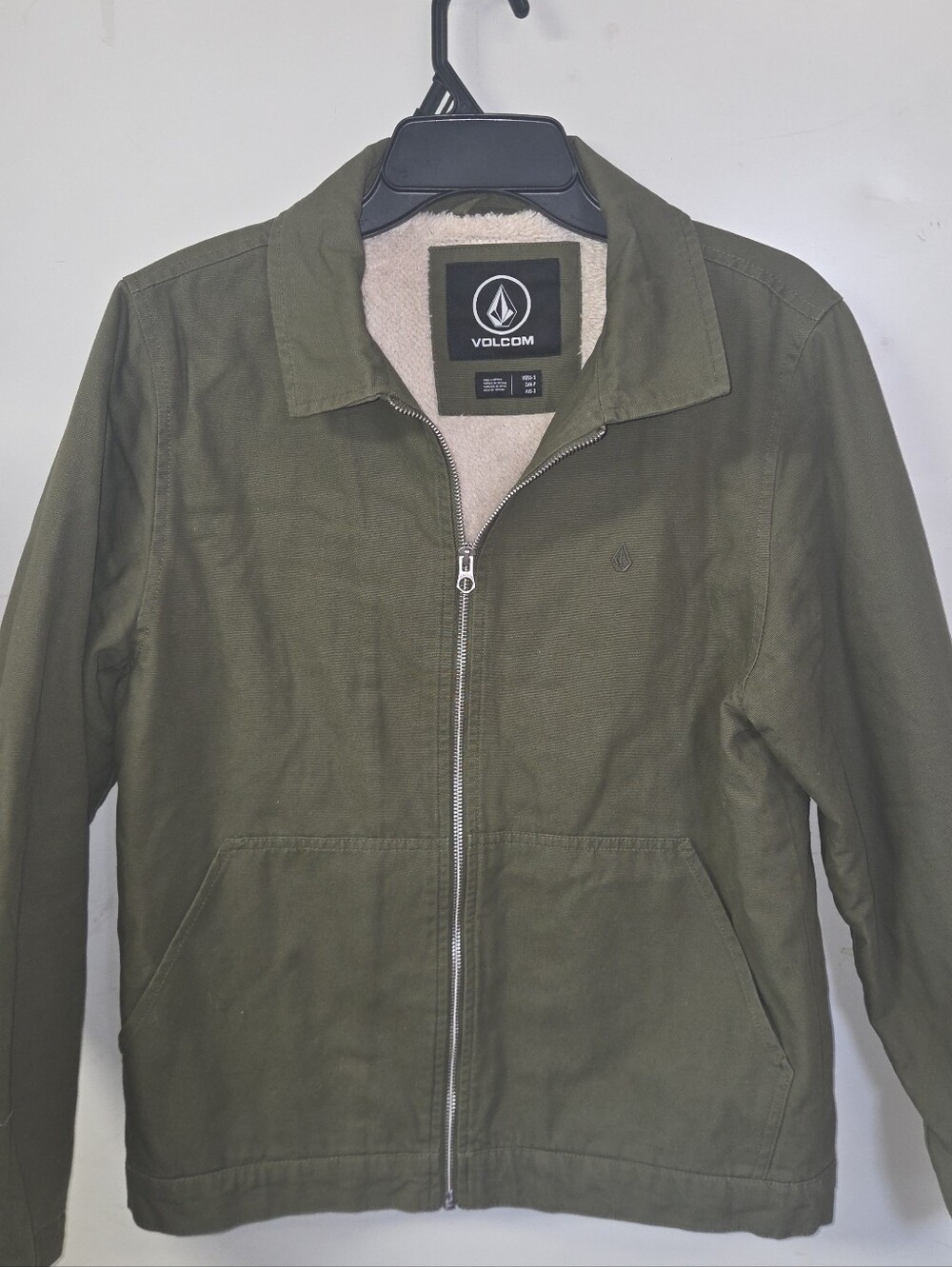 Volcom Olive Green Zip Shirt Jacket with Sherpa Lining